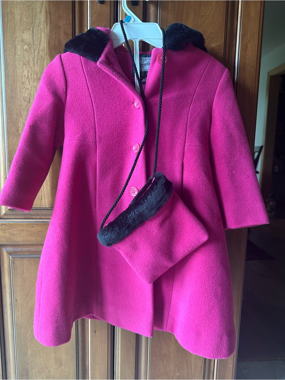 Rothschild girls coat matching purse pink black faux fur trim button down
